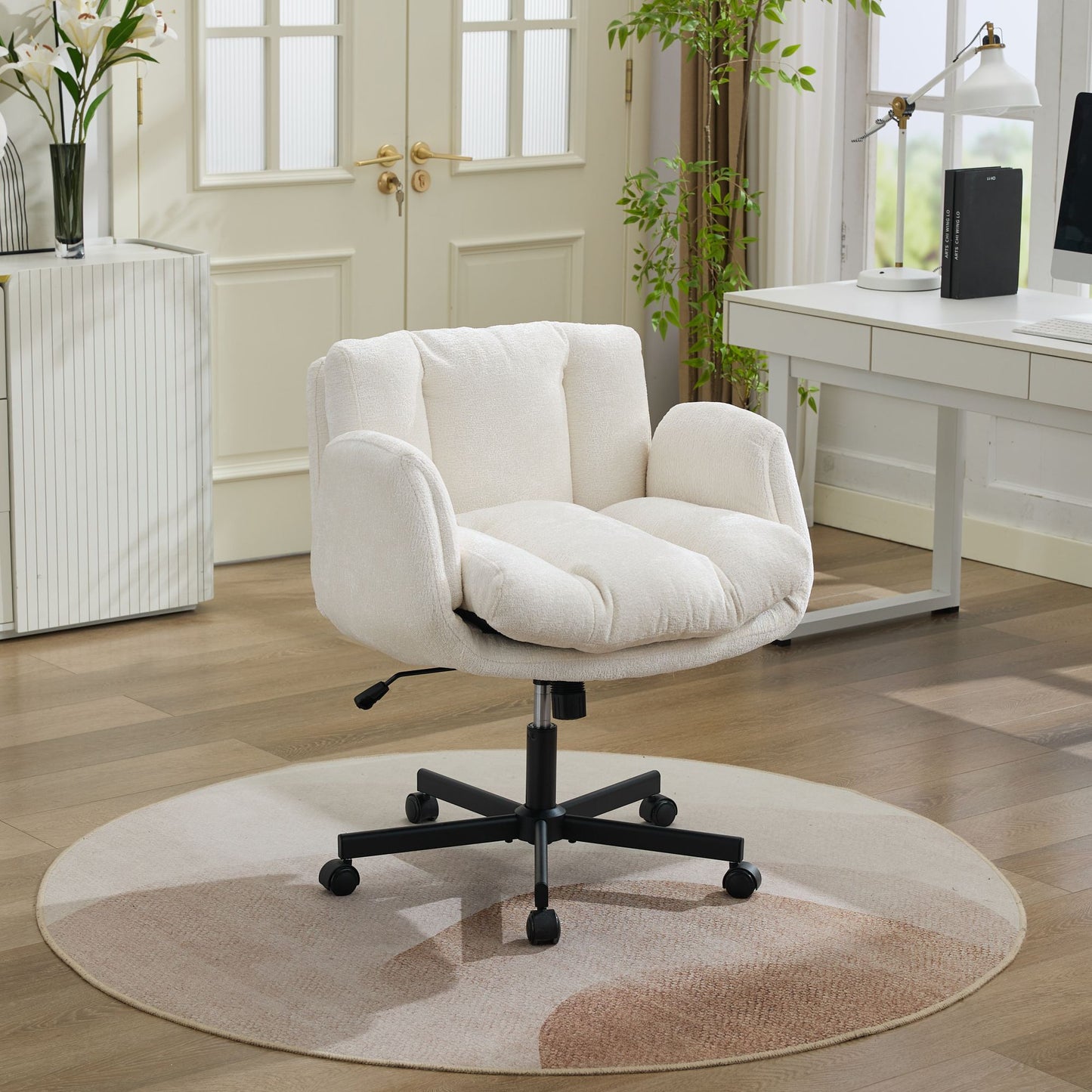Chenille Swivel Office Chair - Height Adjustable with Armrests - Beige