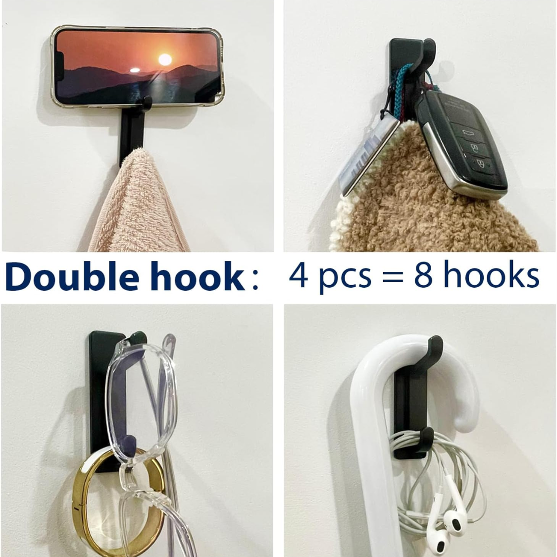 Heavy Duty Adhesive Wall Hooks 4 Pack - Black, 13LB Hold, Double Hook Design