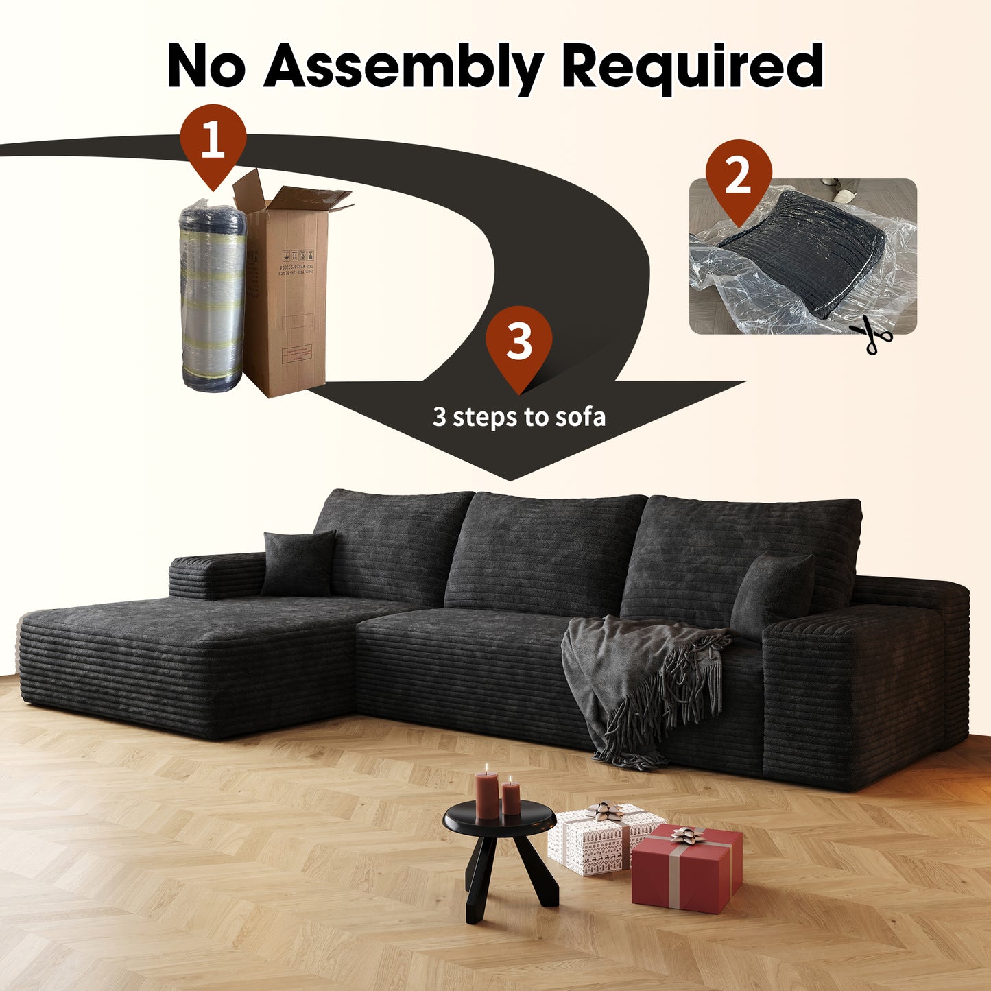 107" Cloud Sectional Couch with L-Shape Chaise - Black