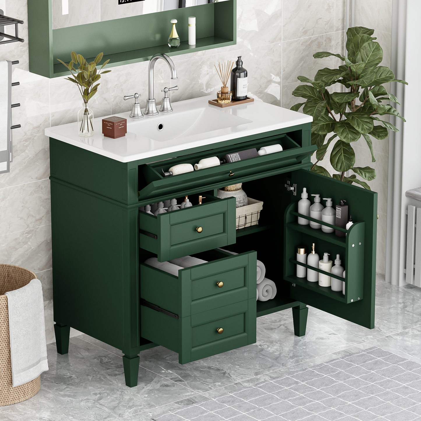 36'' Modern Bathroom Vanity with Sink & 3 Drawers - Garnet/Green