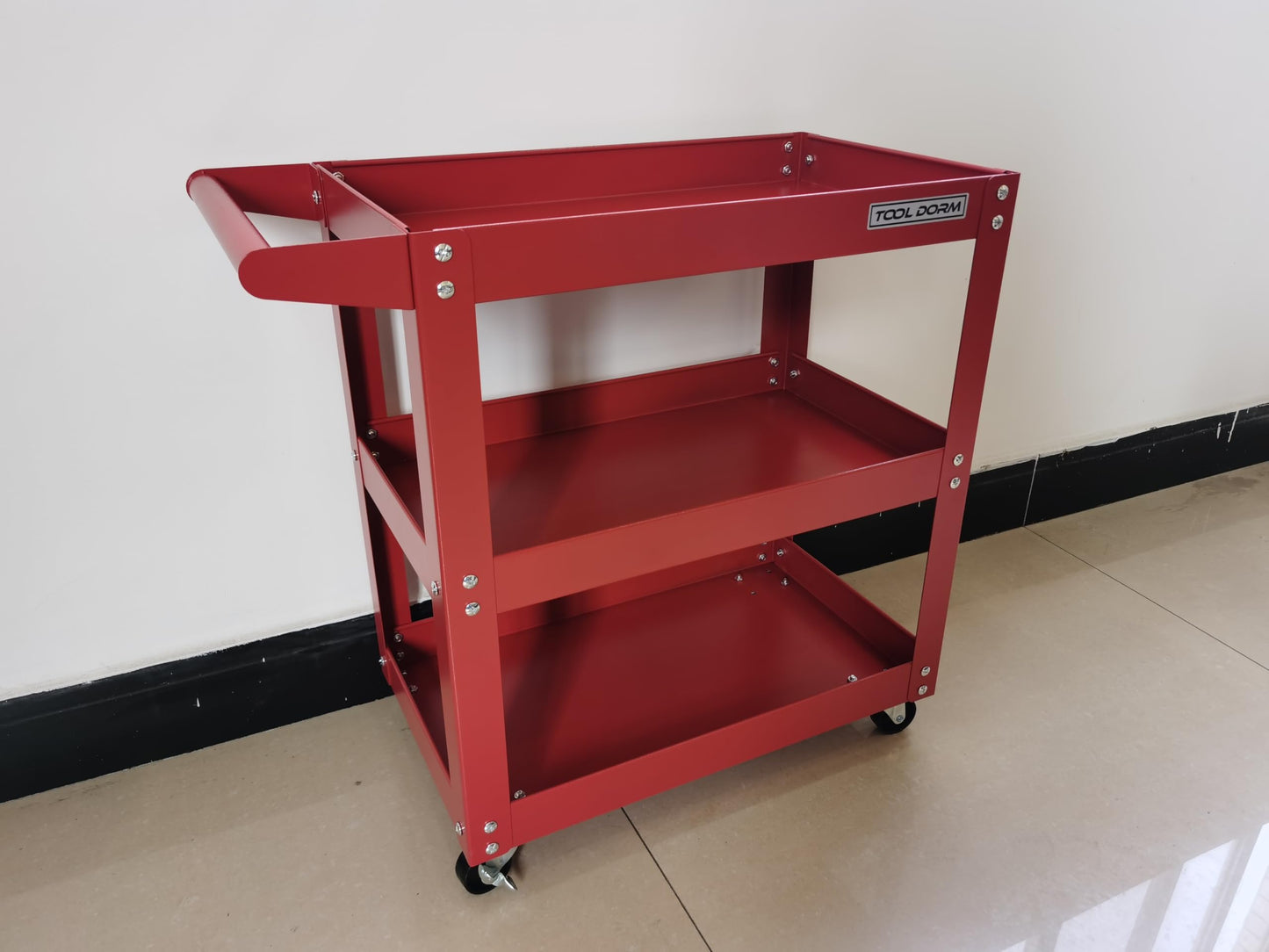 Three-Tier Handcart Tool Storage Cart with Lockable Wheels - Red
