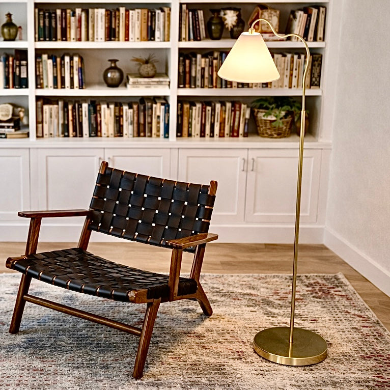 Majestic Brass Ring Base Curved Floor Lamp With Triangle White Drum
