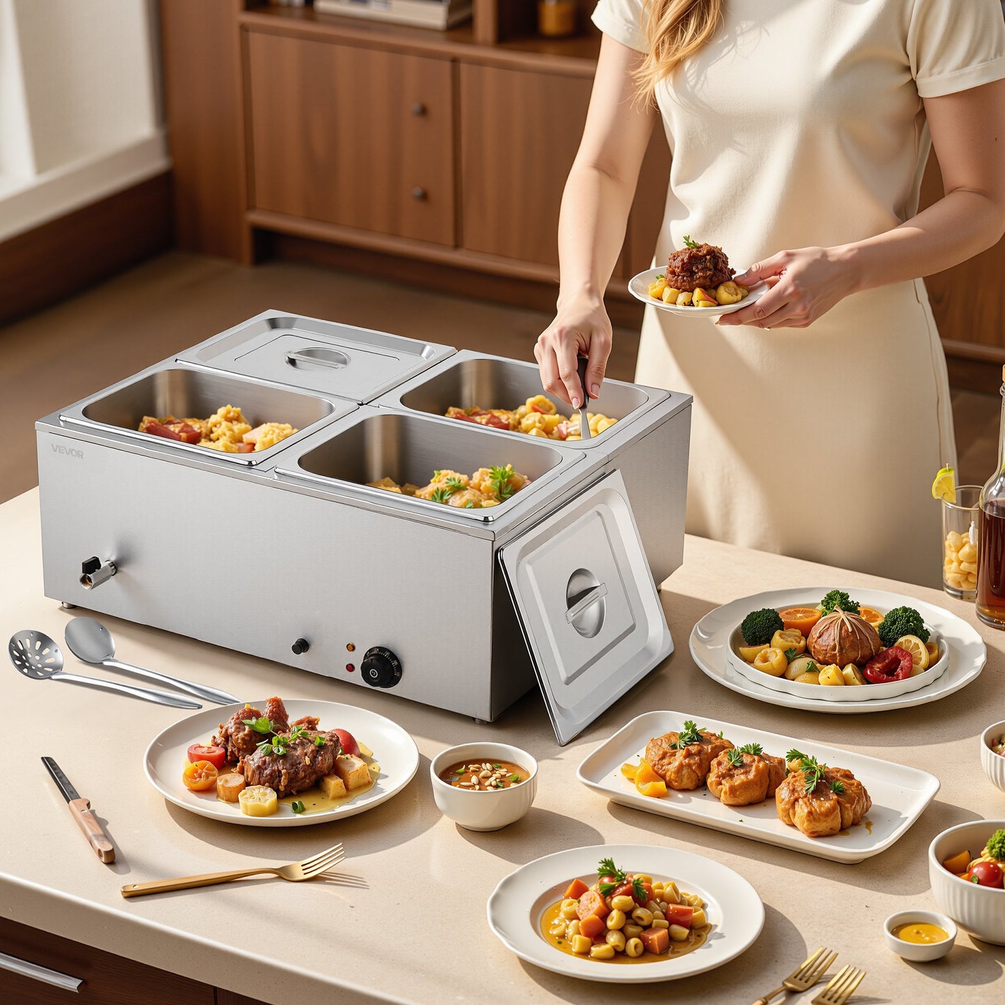 Commercial Food Warmer 4-Pan 1500W Countertop Buffet Bain Marie with Lid - Silver