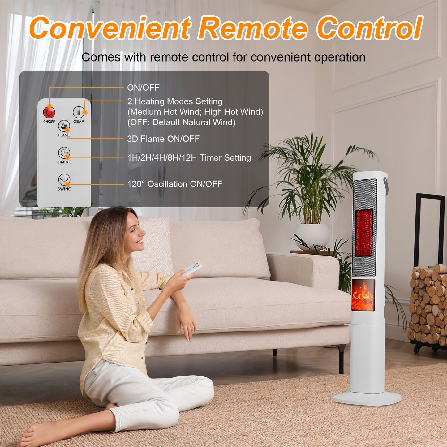 1500W Oscillating Space Heater with 3D Flame Effect, Remote & Timer