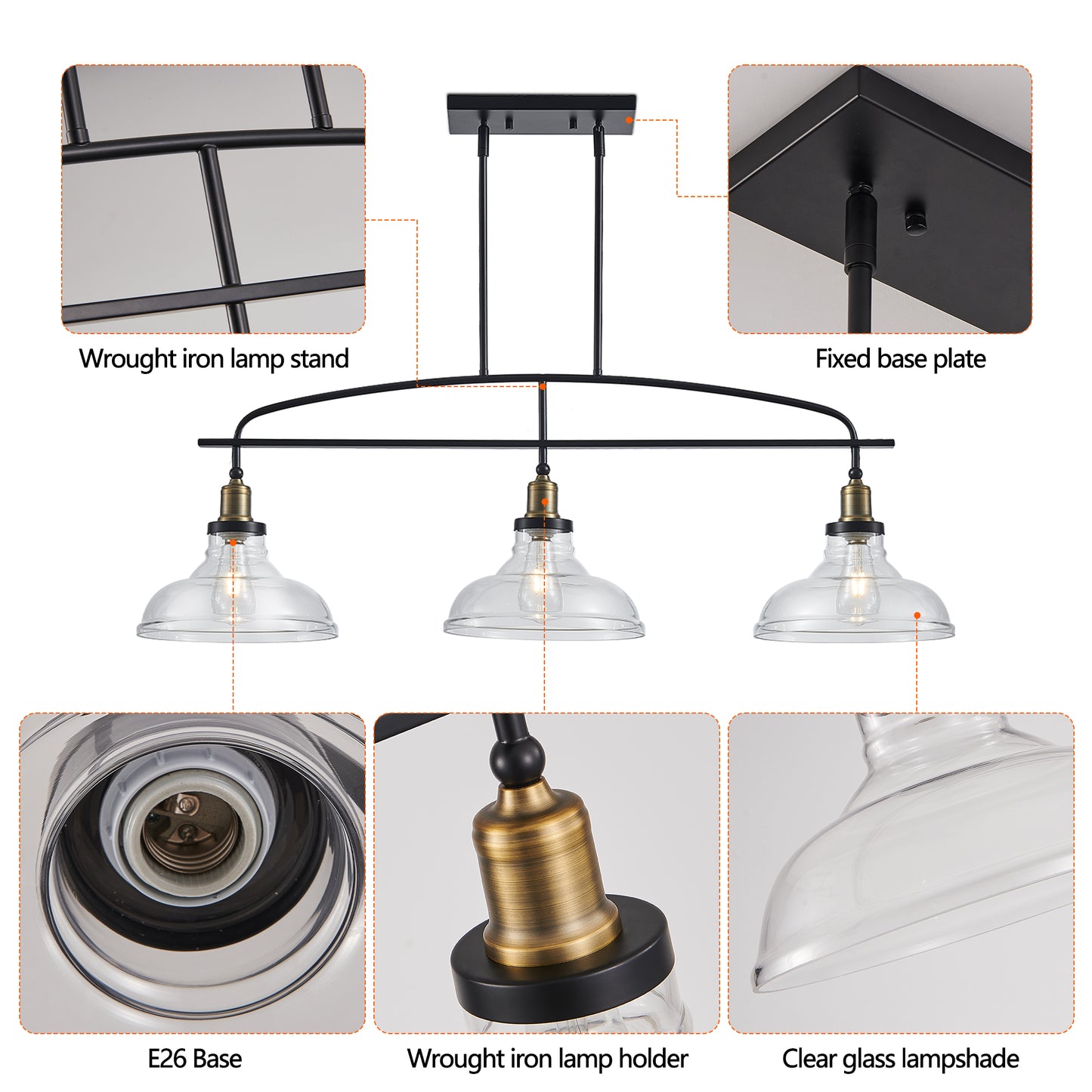 Industrial 3-Light Pendant Chandelier with Clear Glass Shades