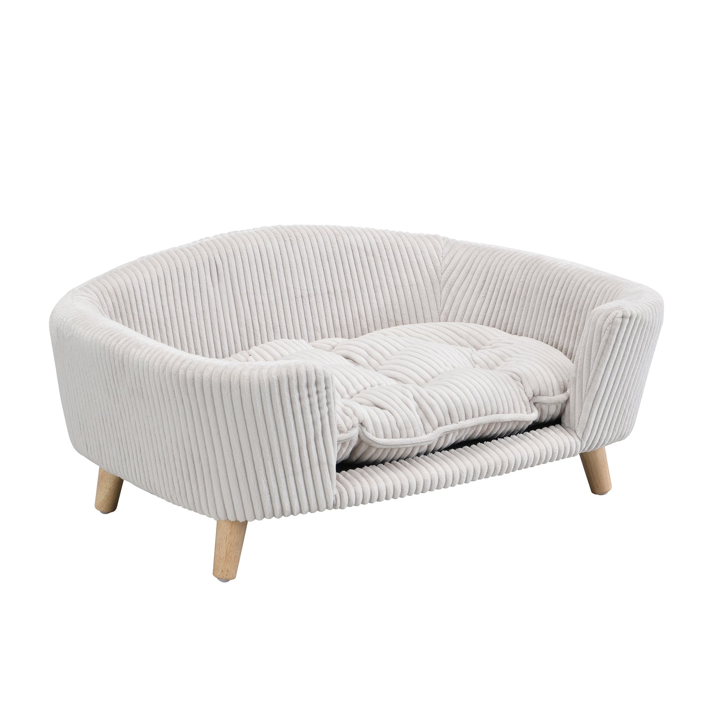 Small Dog Elevated Bed Frame with Corduroy Cushion & Rubber Wood Legs - Beige