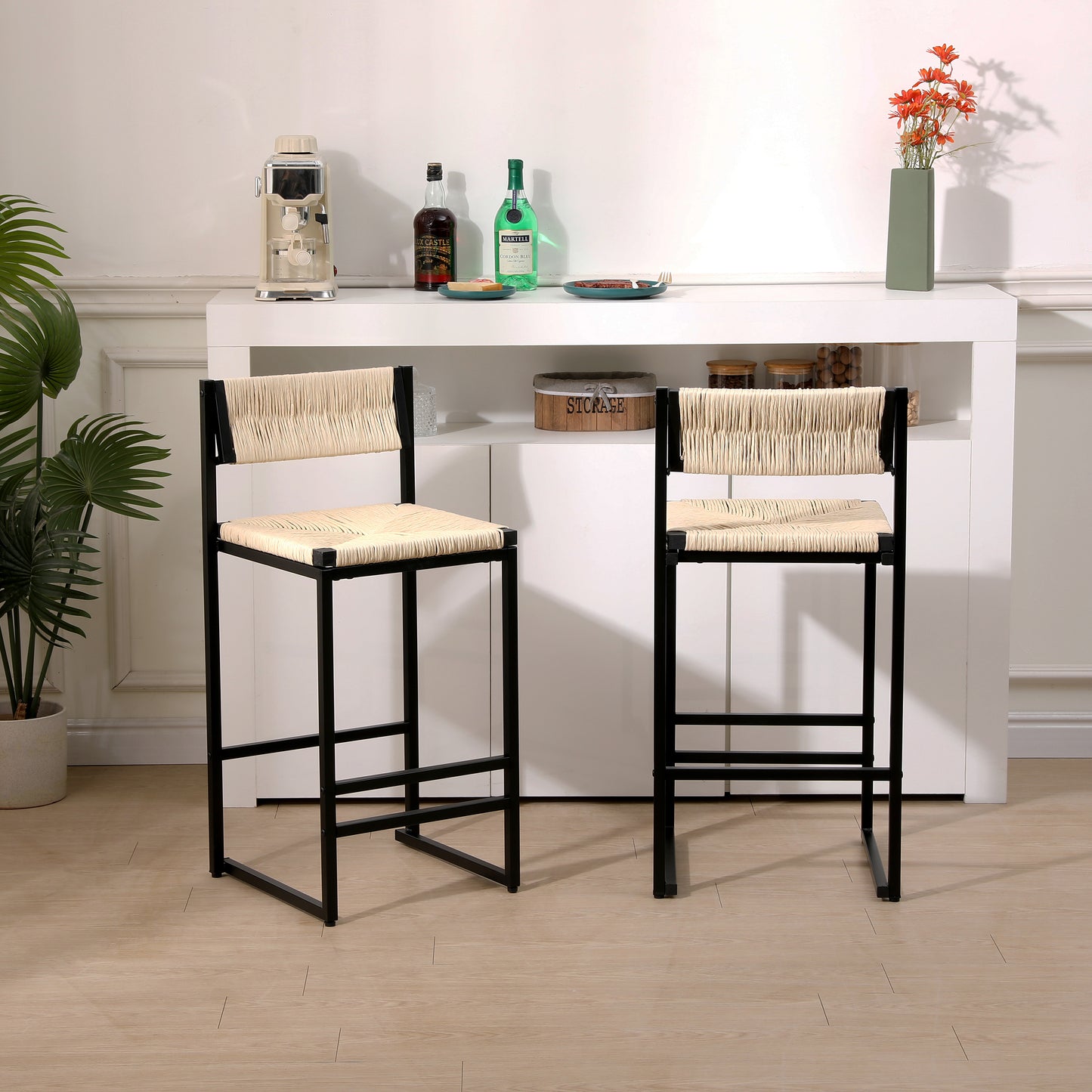 Creamy White Paper Rope Woven Bar Stools Set of 2