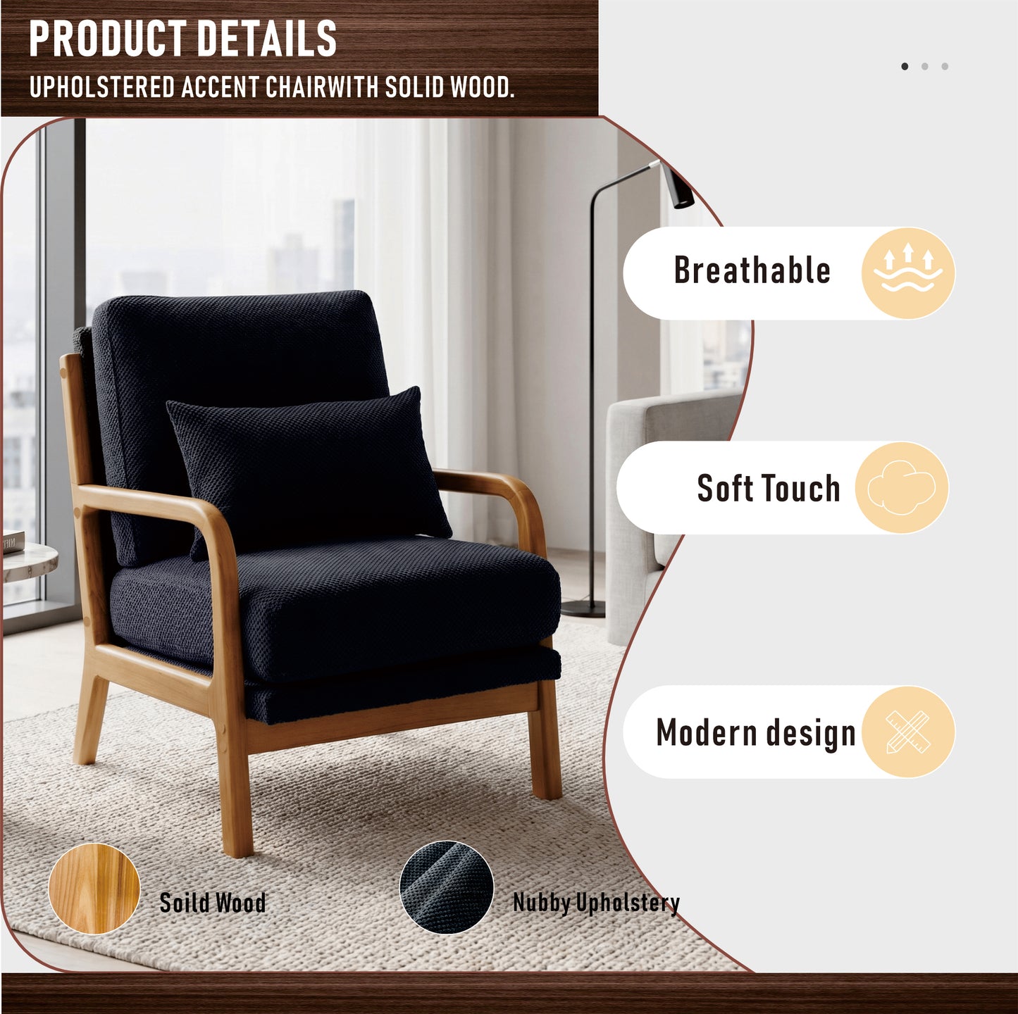 Mid-Century Modern Wooden Lounge Chair - Black Fabric