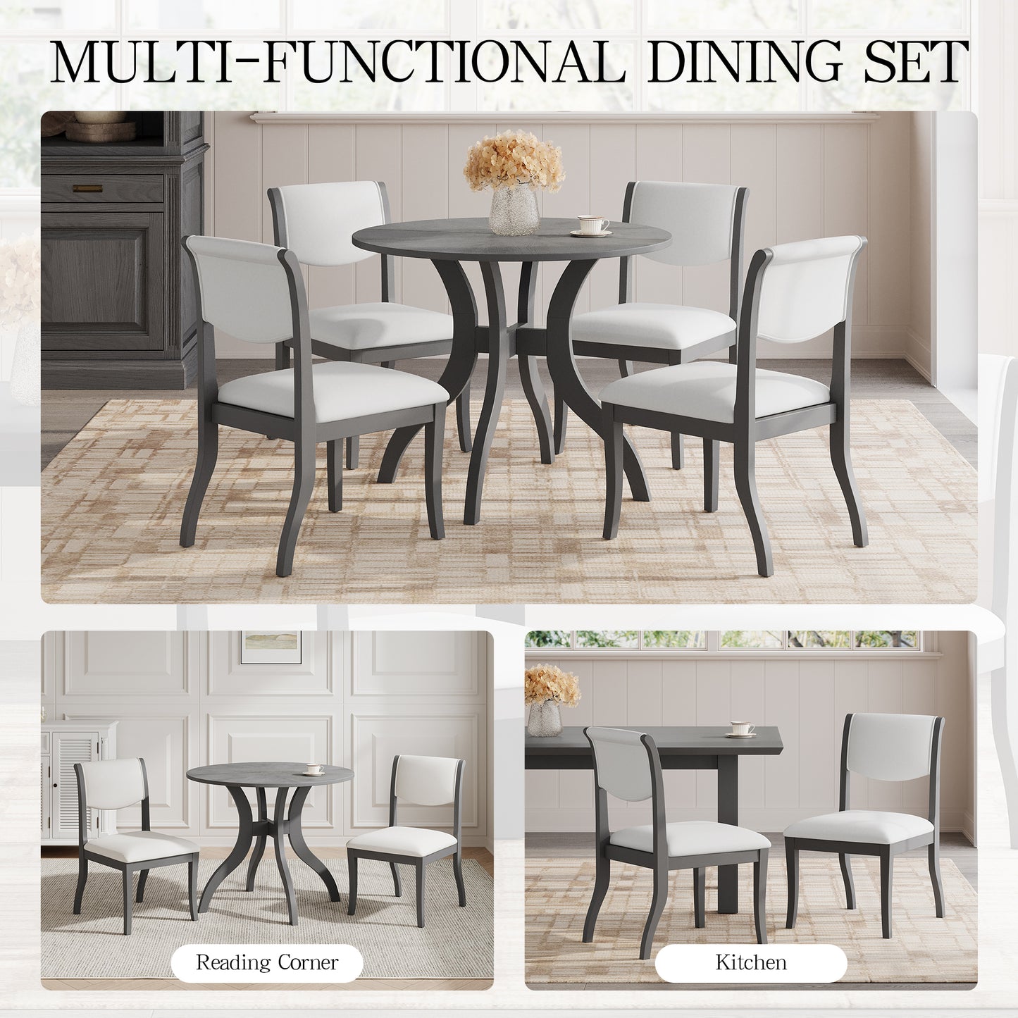 39.4-Inch Round Dining Table Set with 2 Chairs - Oak Gray