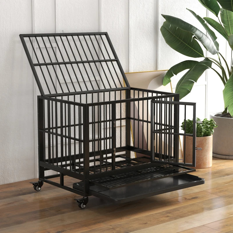 Heavy Duty Metal Dog Crate with Lockable Wheels, Double Doors & Removable Tray - Gray