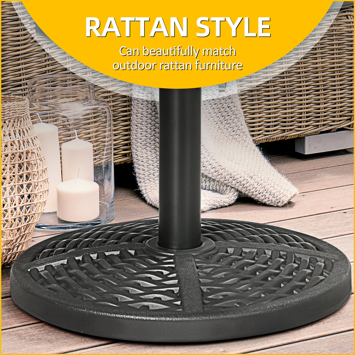 Heavy Duty 30 lbs Umbrella Base Stand - Rattan Design, Black