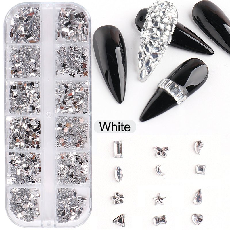 12 Grid Crystal Glass Diamond Nail Stickers Set