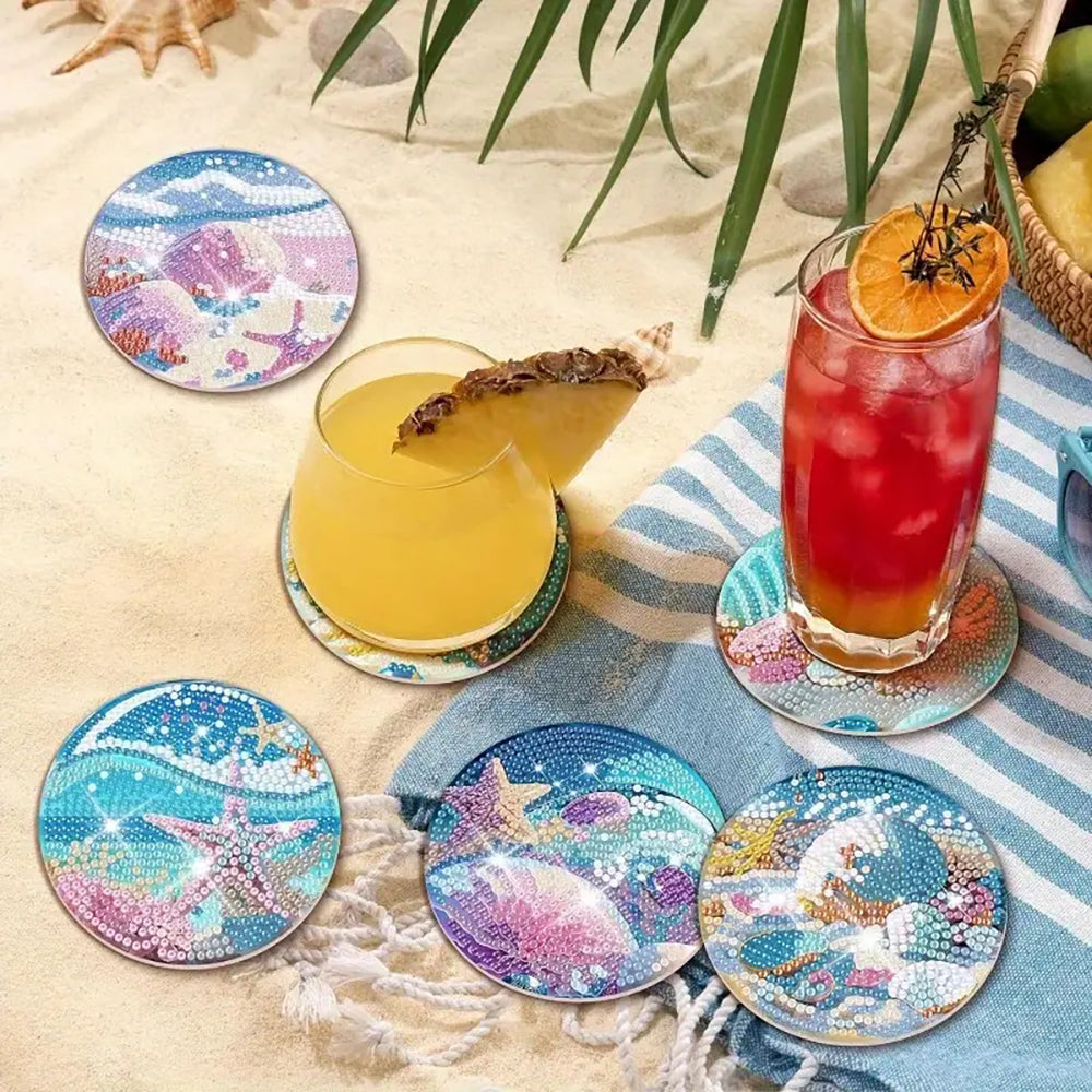 Diamond Painting Coaster Kit with Holder for Beginners - Seaside Pattern, 9.7x9.7cm