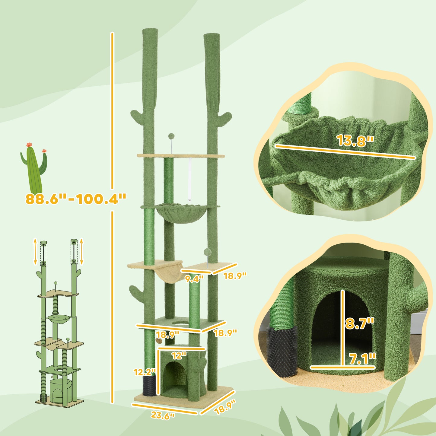 Adjustable Floor-to-Ceiling Cat Tree with Condos & Hammocks - Green