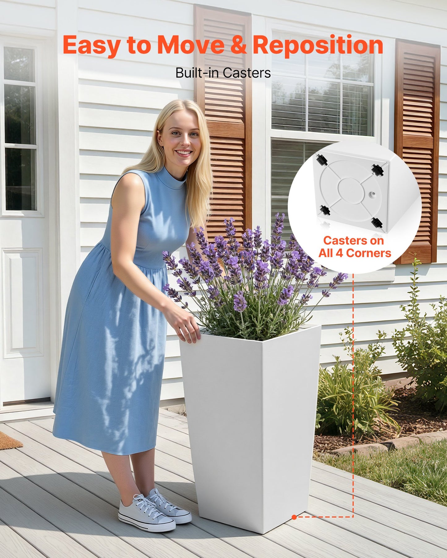 Tall Outdoor Planters Set of 2 - 30 Inch Modern Taper Flower Pots with Casters, Drainage Holes, Indoor & Outdoor Use, Black