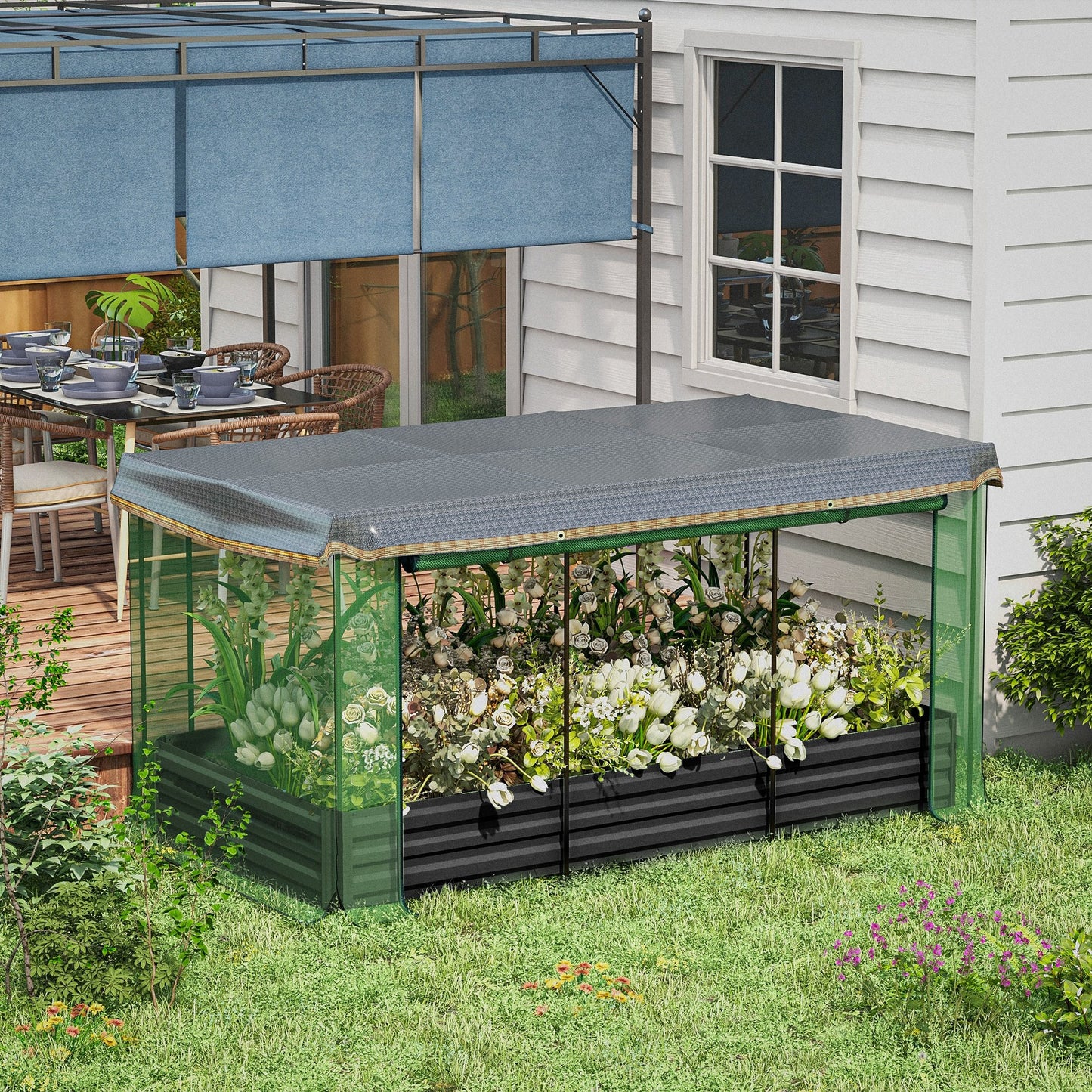 Galvanized Steel Raised Garden Bed with Crop Cage and Shade Cloth, Outdoor Planter Box - Gray 1190x360x140mm