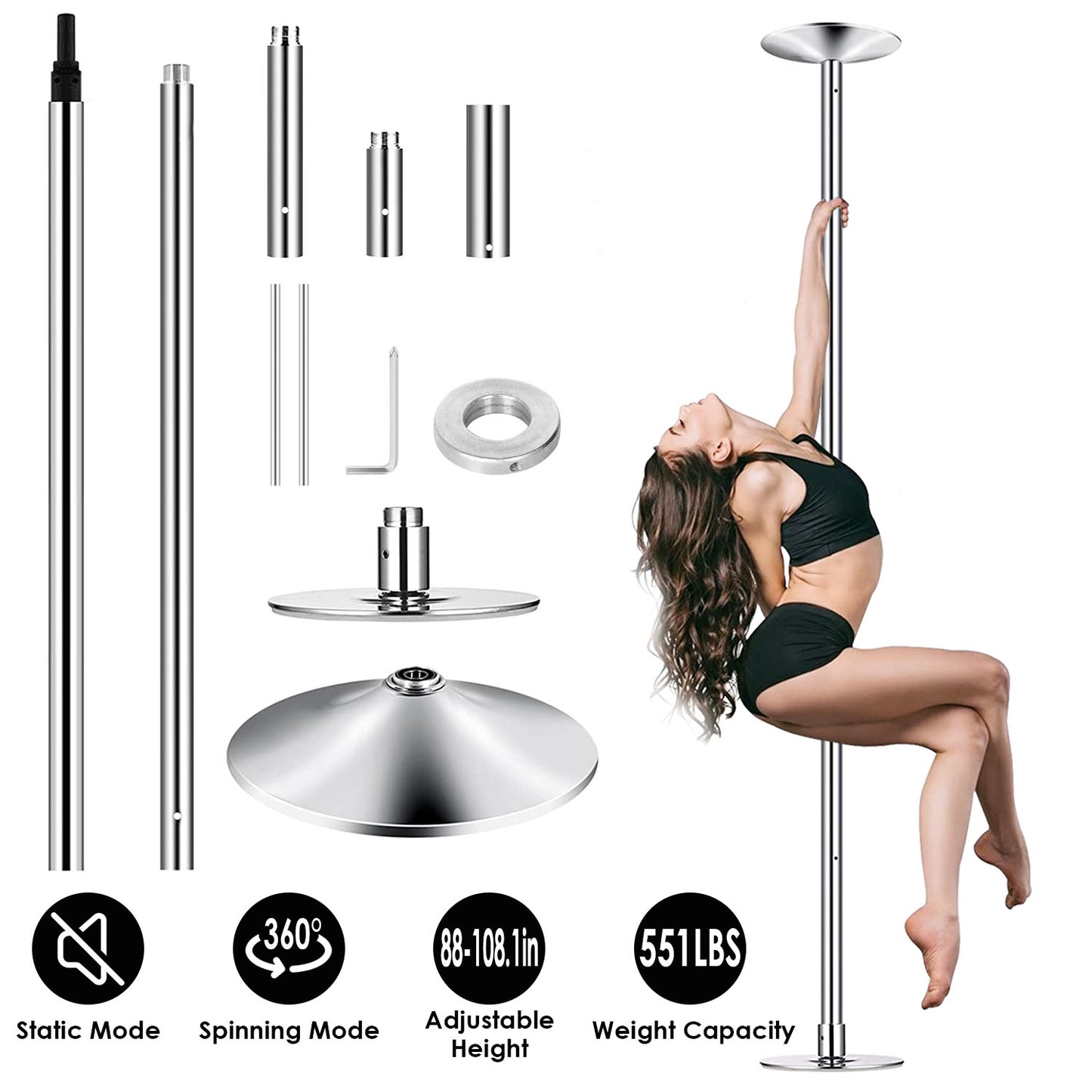 Adjustable Dance Pole - 45mm Spinning & Static Modes, 88-108.1in Height, 551lbs Capacity