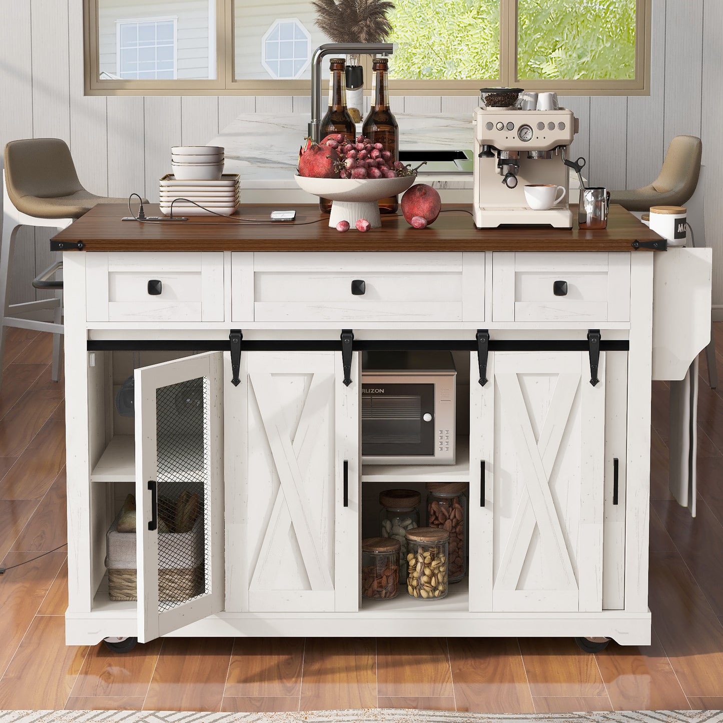 K&K 58 Farmhouse Kitchen Island With Storage,Sliding Barn Door &