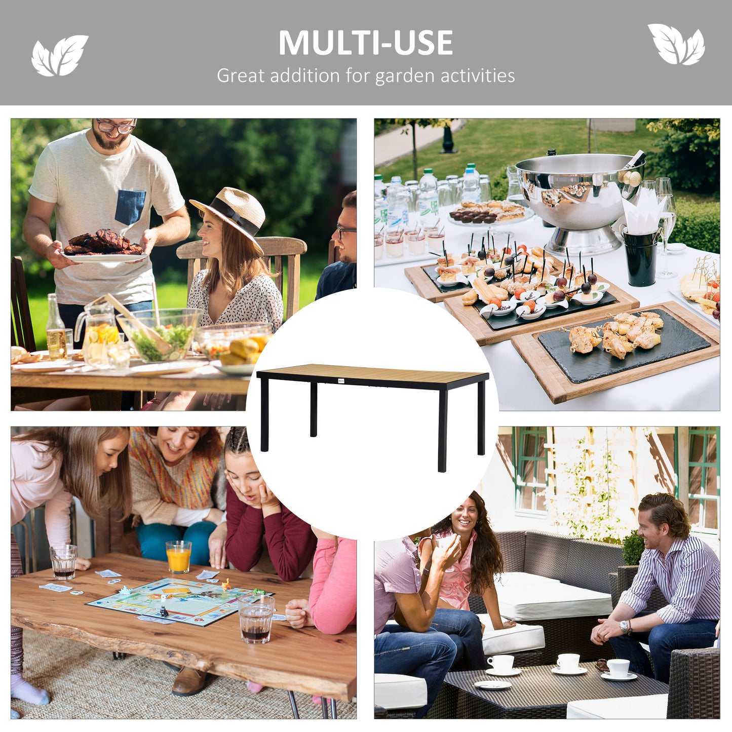 Outdoor Dining Table for 8 - Rectangular Aluminum Frame, Natural Wood Top