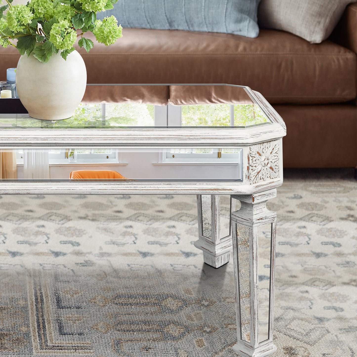 Silver Mirrored Coffee Table with Vintage Carved Elements - 48" W