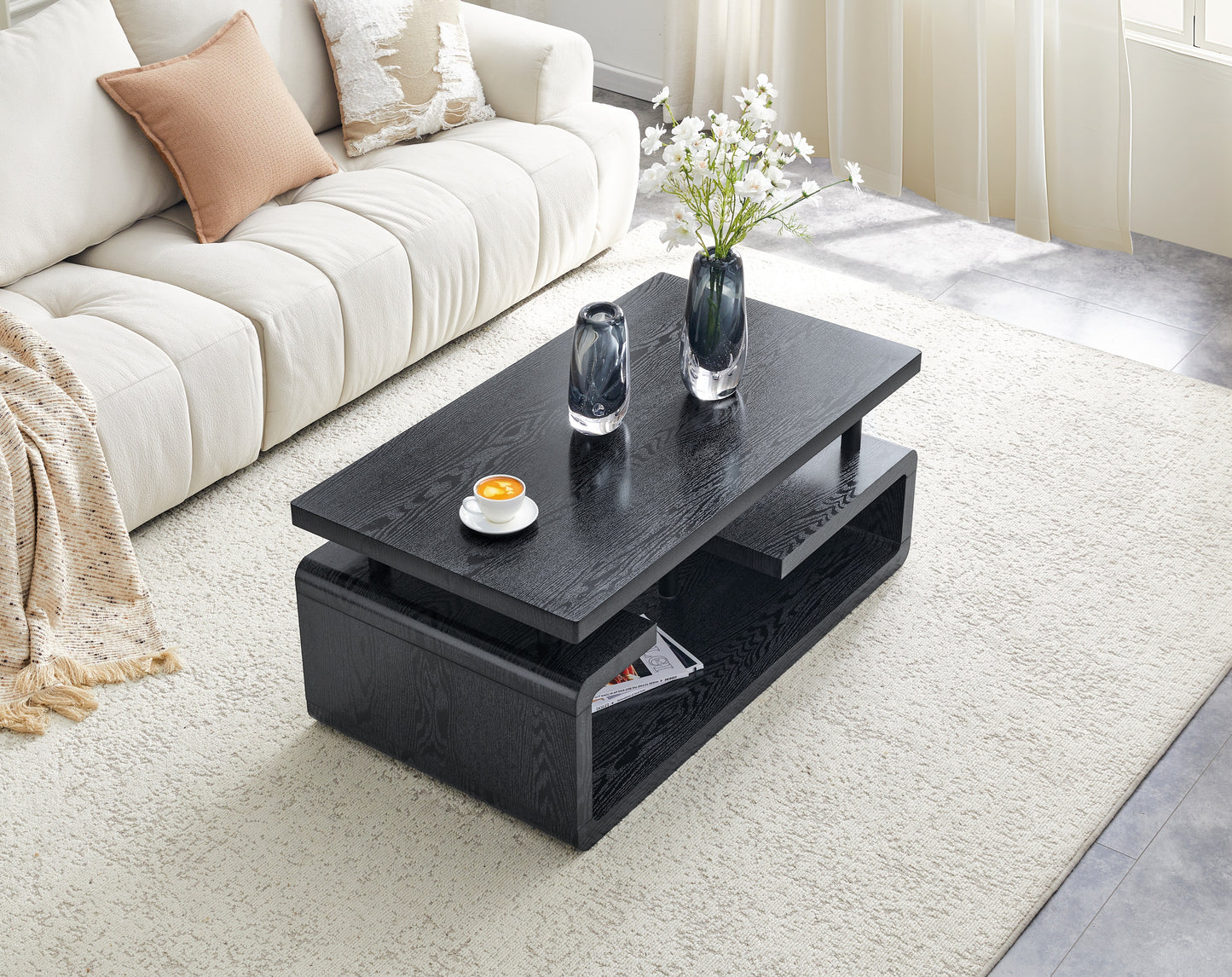 Three-Tier MDF Coffee Table With Black Wood Grain Finish, Modern