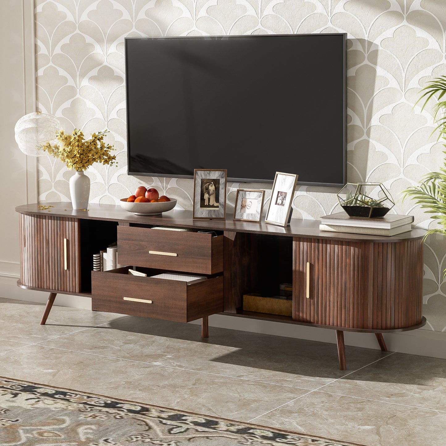 Mid-Century Modern TV Stand for 80" TV, Dark Brown Entertainment Center with 2 Drawers