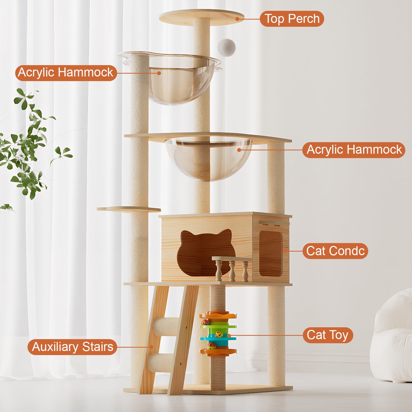 59-Inch Modern Wooden Cat Tower with Sisal Scratching Posts, Top Perch & Acrylic Hammock