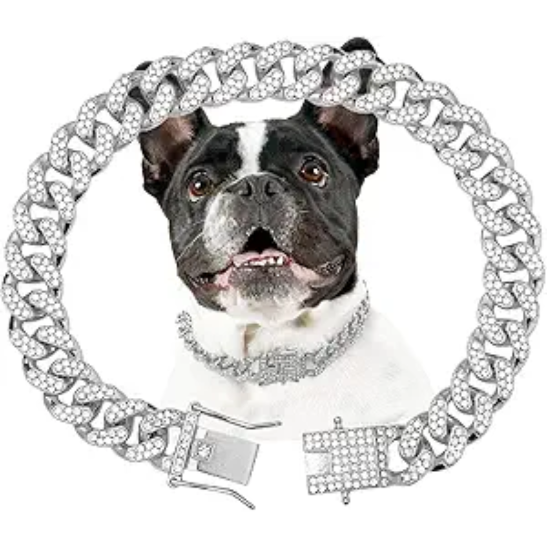 Silver Dog Chain Collar with Diamonds - 13mm Wide Metal Pet Necklace