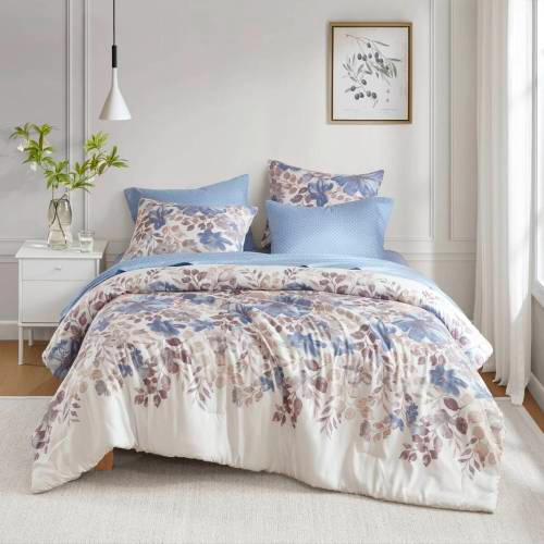 Floral Comforter Set with Bed Sheets - Blue Queen Size