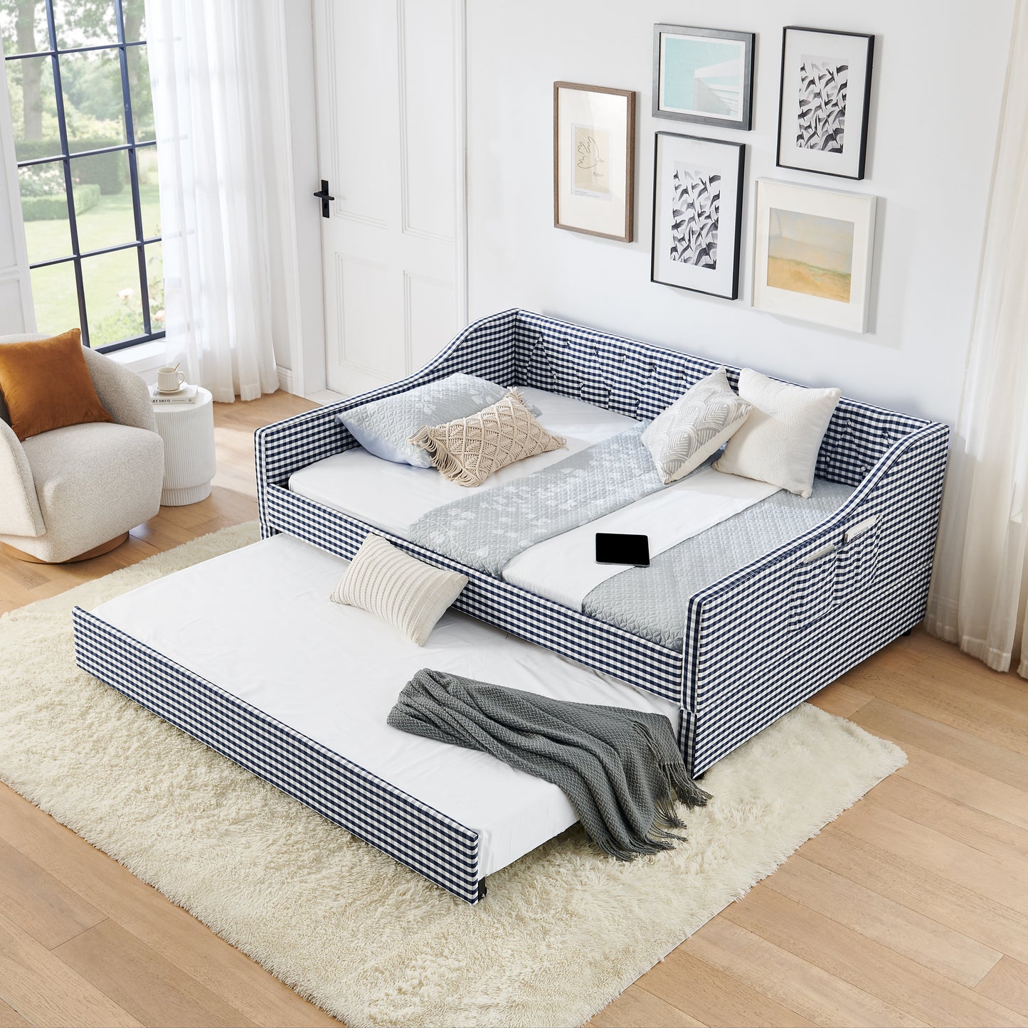 Full-Size Upholstered Daybed with Trundle & Storage - Dark Blue