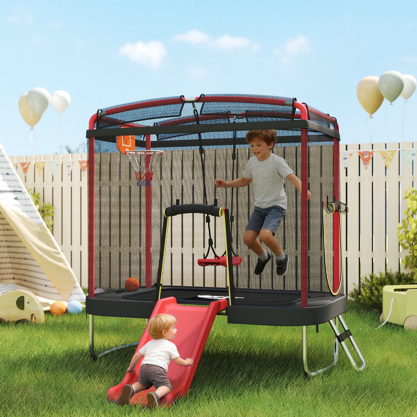 Kids Trampoline with Slide, Swing & Basketball Hoop - Red