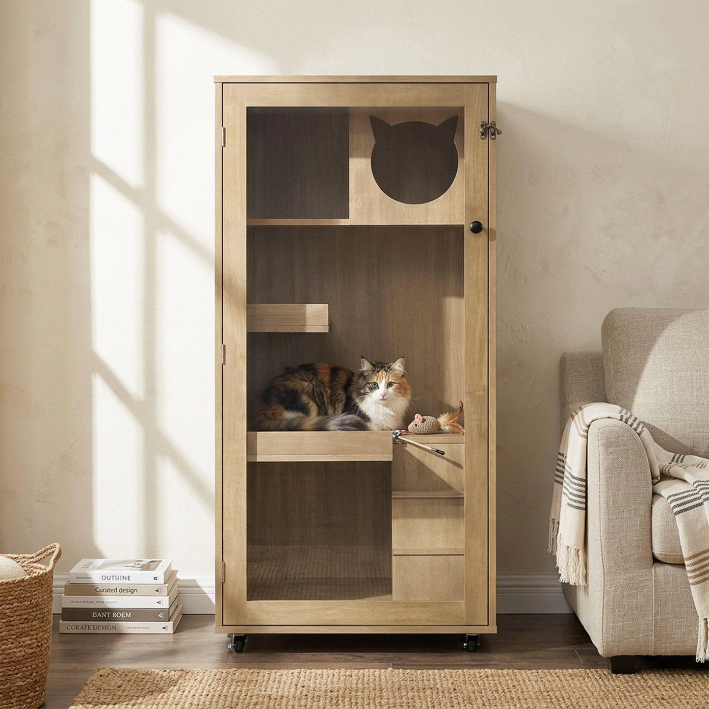 Rubber Wood Cat Enclosure with Multi-Level Shelves & Lockable Wheels - Natural Finish