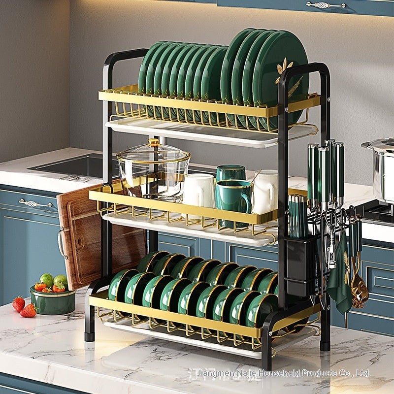 Two-Layer Kitchen Dish Rack Drainer with Cutting Board & Utensil Holders