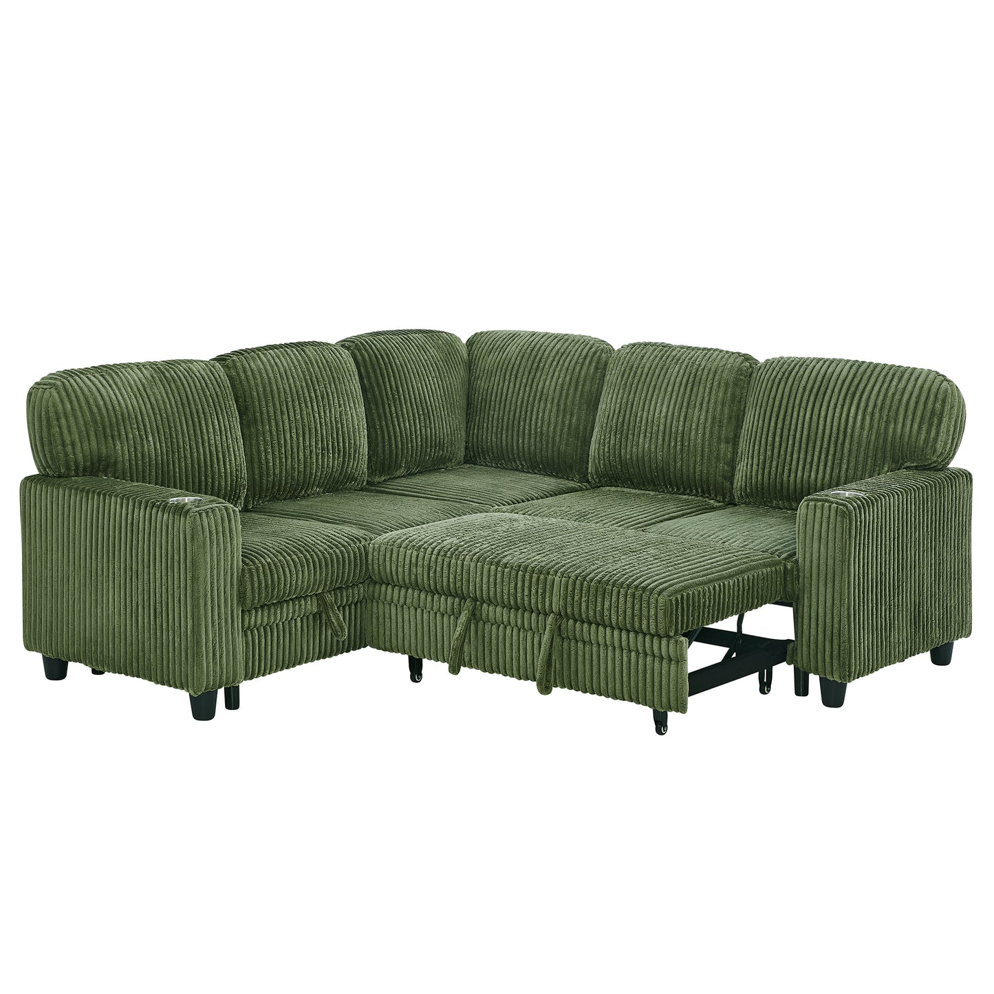 L-Shaped Sectional Sofa Bed with USB Charging & Storage - Olive Green