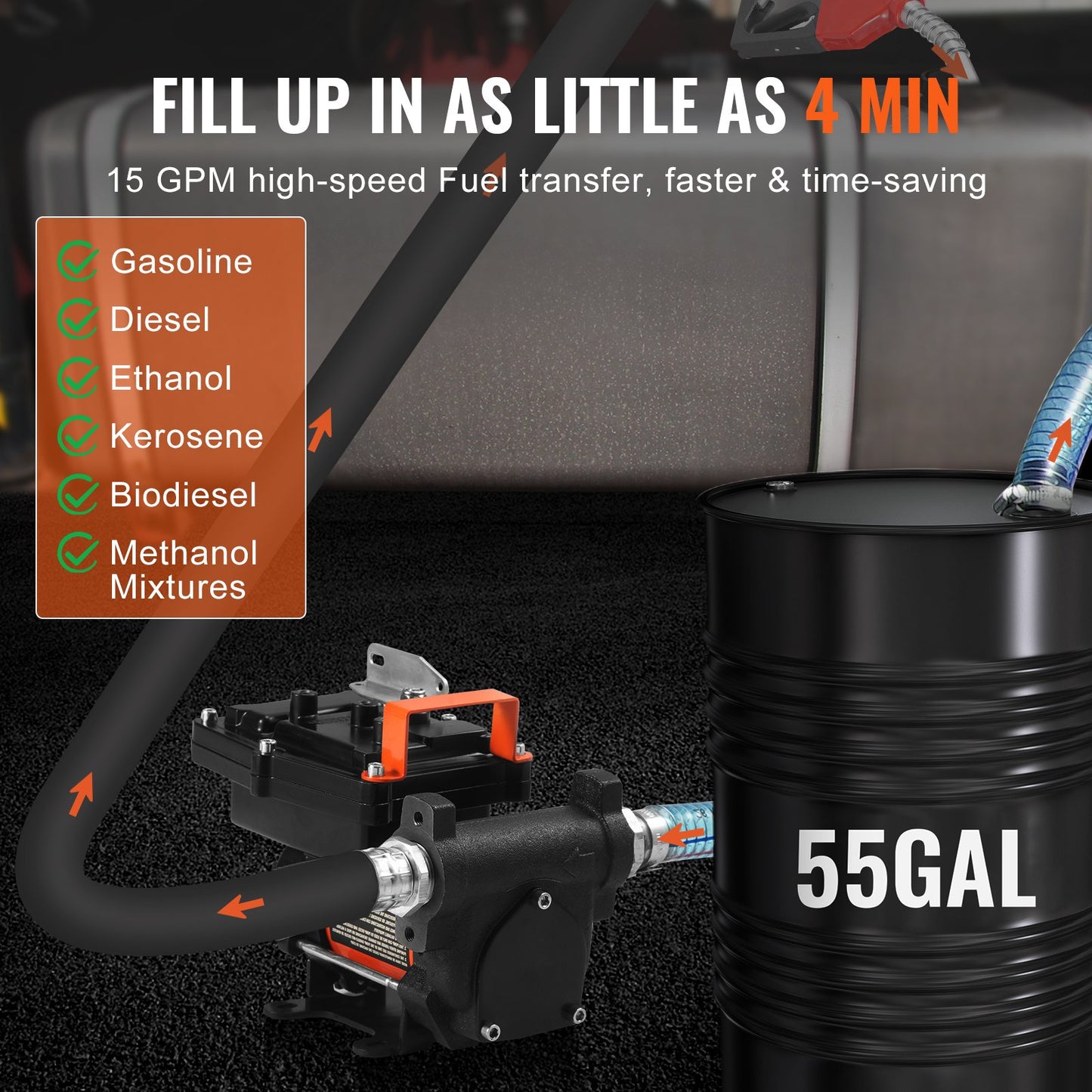 12V Diesel Transfer Pump 15 GPM with Auto Shut-Off Nozzle - Black