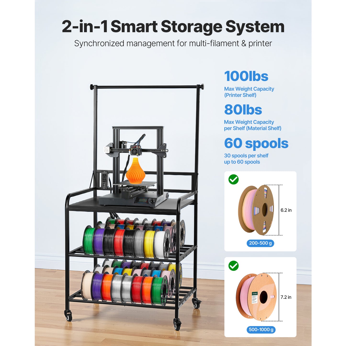 3D Printer Filament Storage Rack - 3-Tier Spool Organizer with Wheels