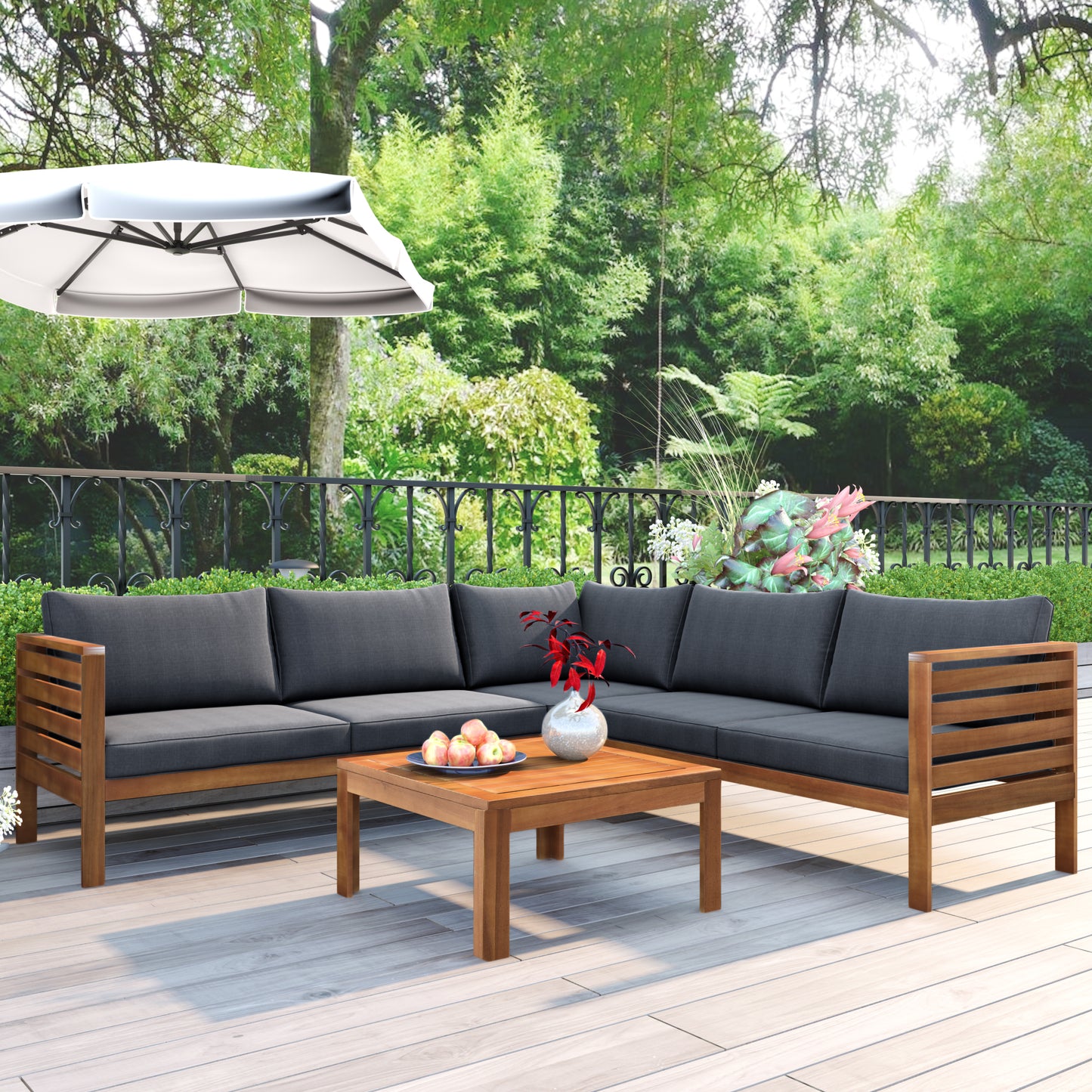 Wood Structure Outdoor Sofa Set With Gray Cushions Exotic Design