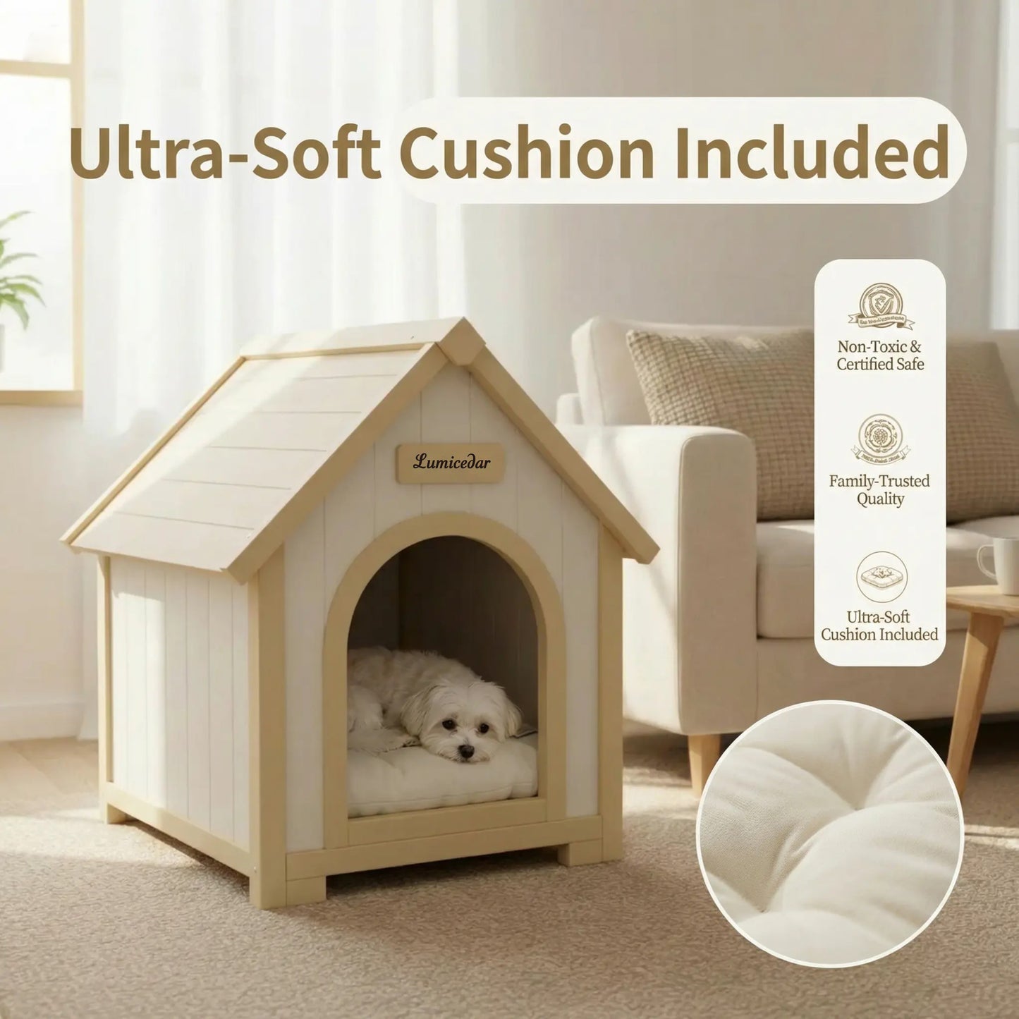 Indoor Wooden Dog House with EVA Cushion - Small Pet Shelter in Creamy White