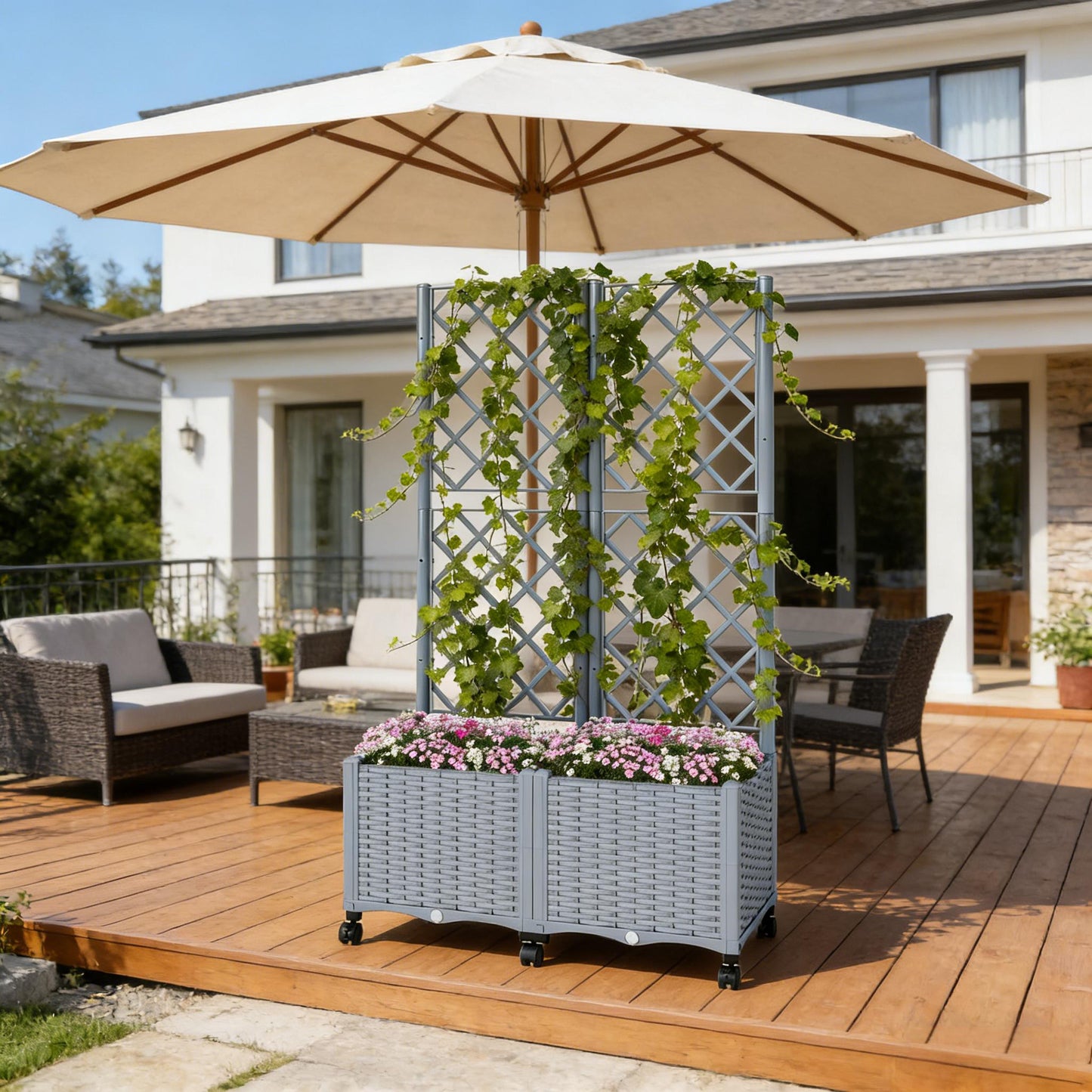 Raised Garden Bed Planter Box with Trellis - Gray