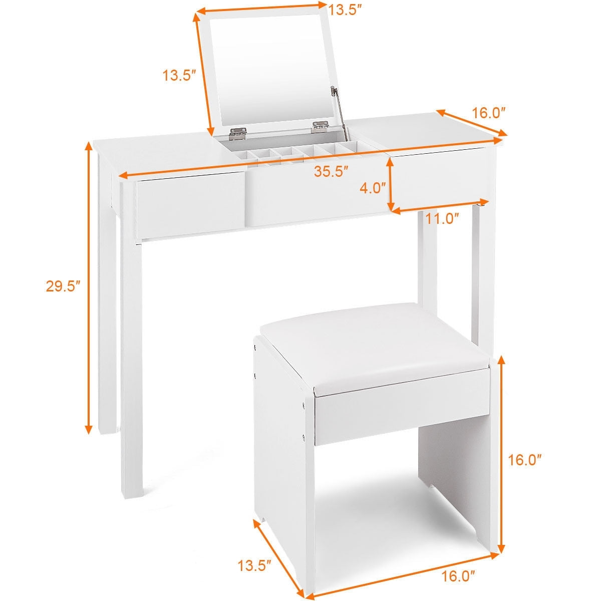Vanity Makeup Dressing Table Set with Flip Top Mirror & Stool - White