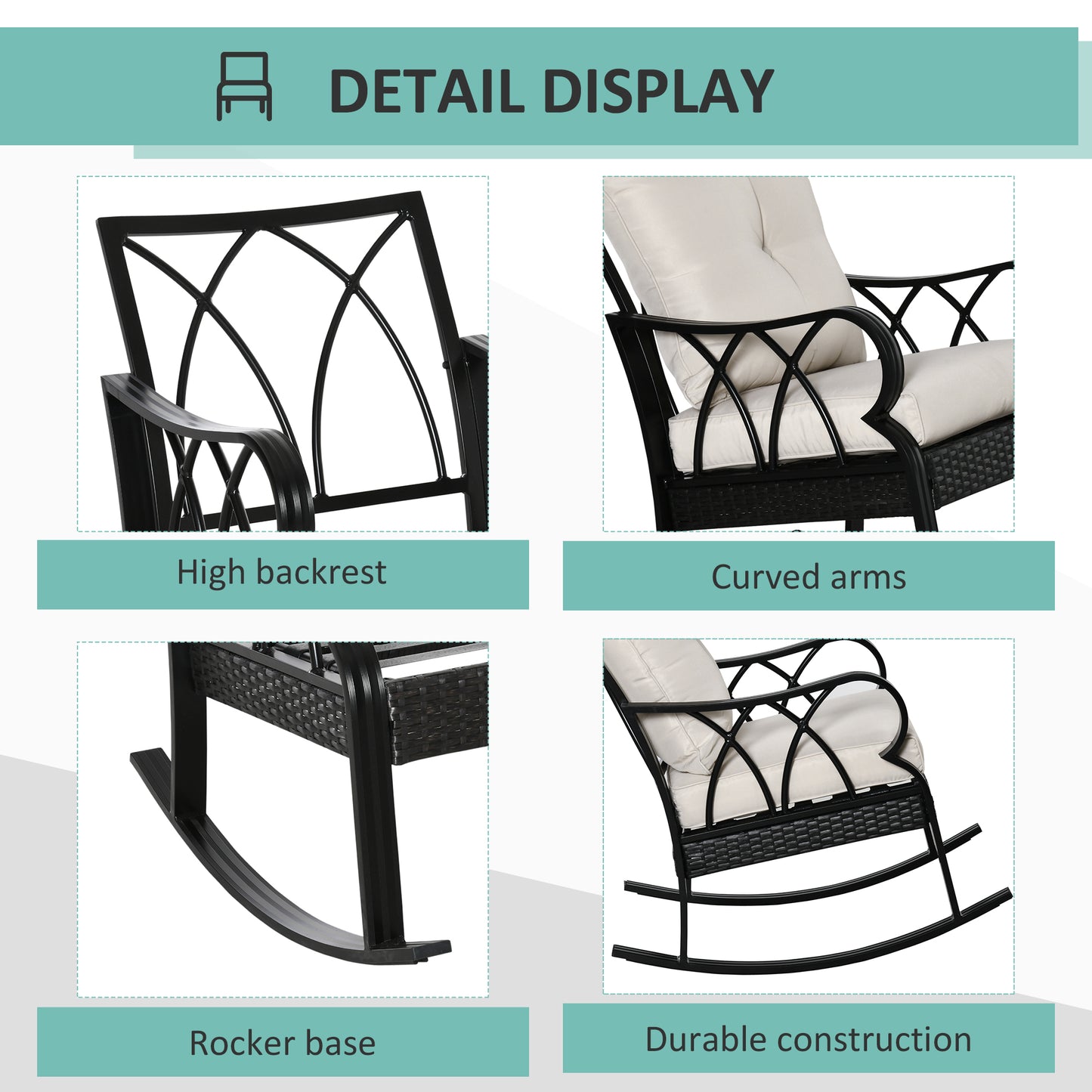 Outdoor Wicker Rocking Chair with Padded Cushions - Khaki