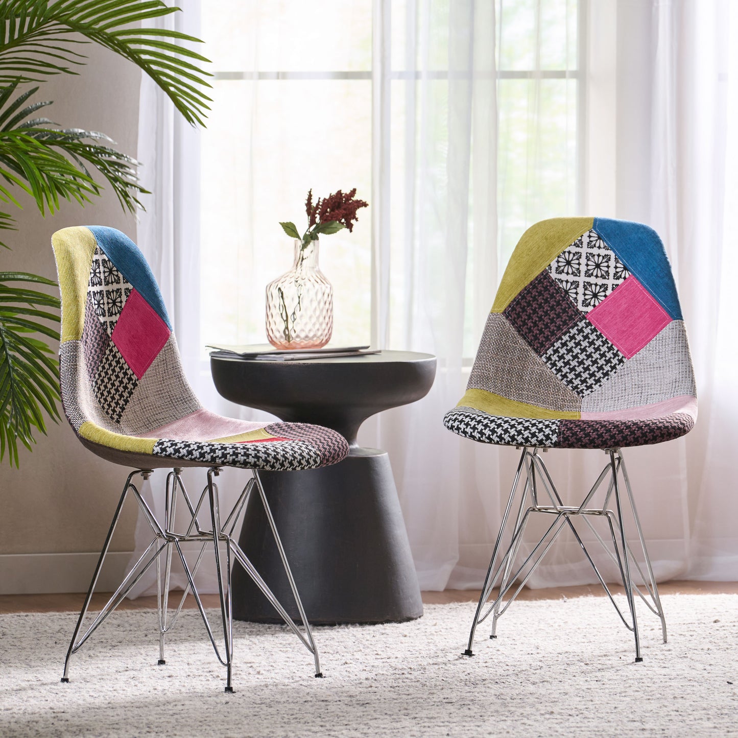 Patchwork Accent Chair Bohemian Style Fabric With Chromed Legs