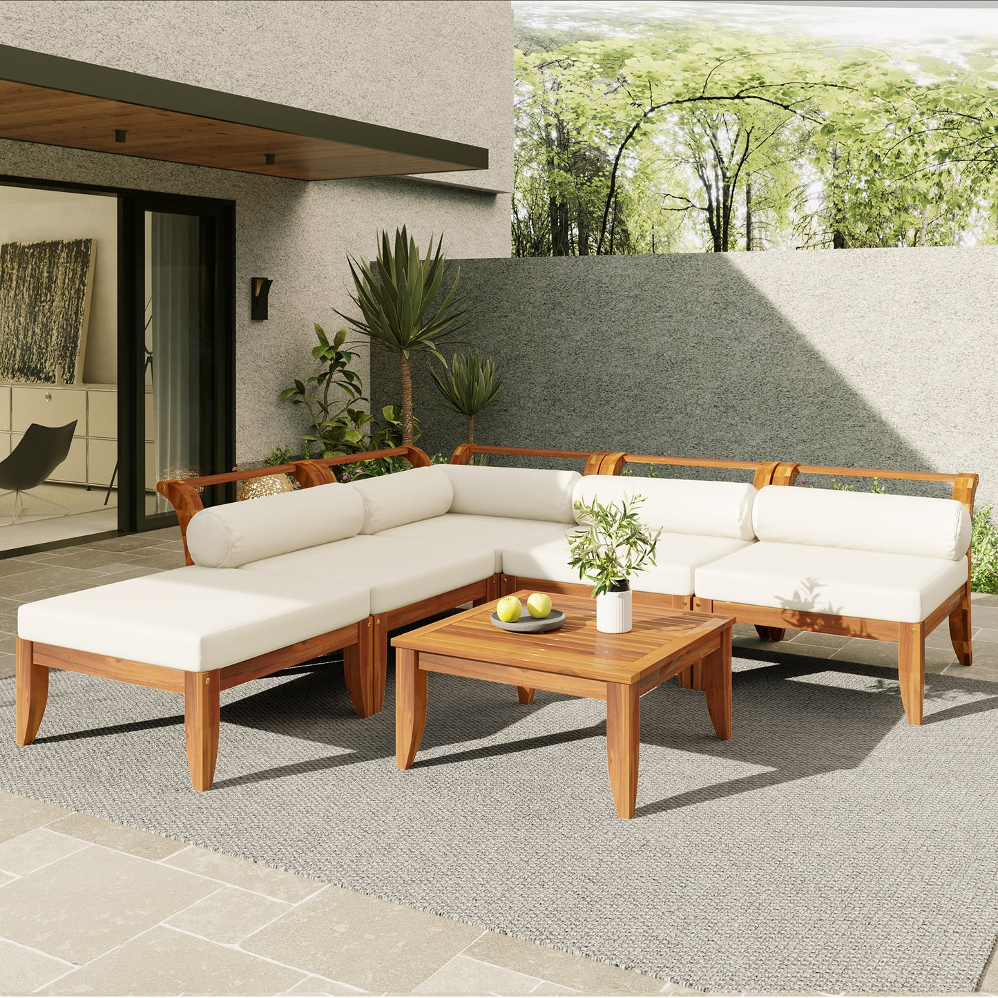 6 Piece Acacia Wood Patio Sofa Set - L-Shaped Modular Outdoor Seating with Cushions, Teak Beige