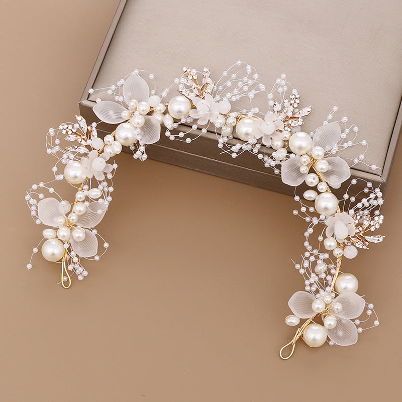 Children's Pearl Flower Headdress with Gold Leaf for Kids