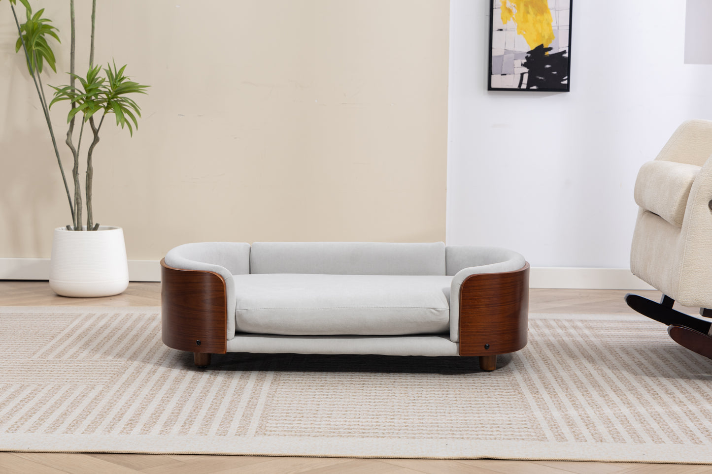 Large Elevated Dog Bed with Velvet Cushion and Solid Wood Legs - Scandinavian Style Pet Sofa