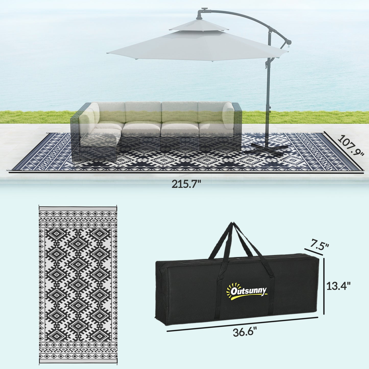 Reversible Waterproof Outdoor Rug - 9' x 18' Black & White Rhombus