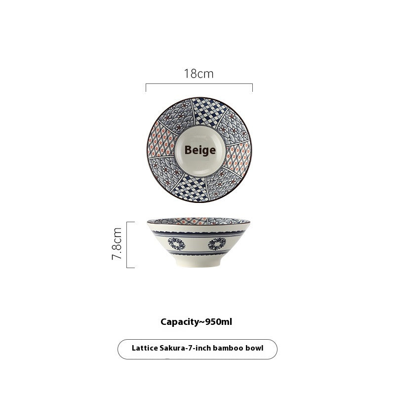 Retro Japanese Style 7-Inch Porcelain Ramen Bowl with Bamboo Hat Shape