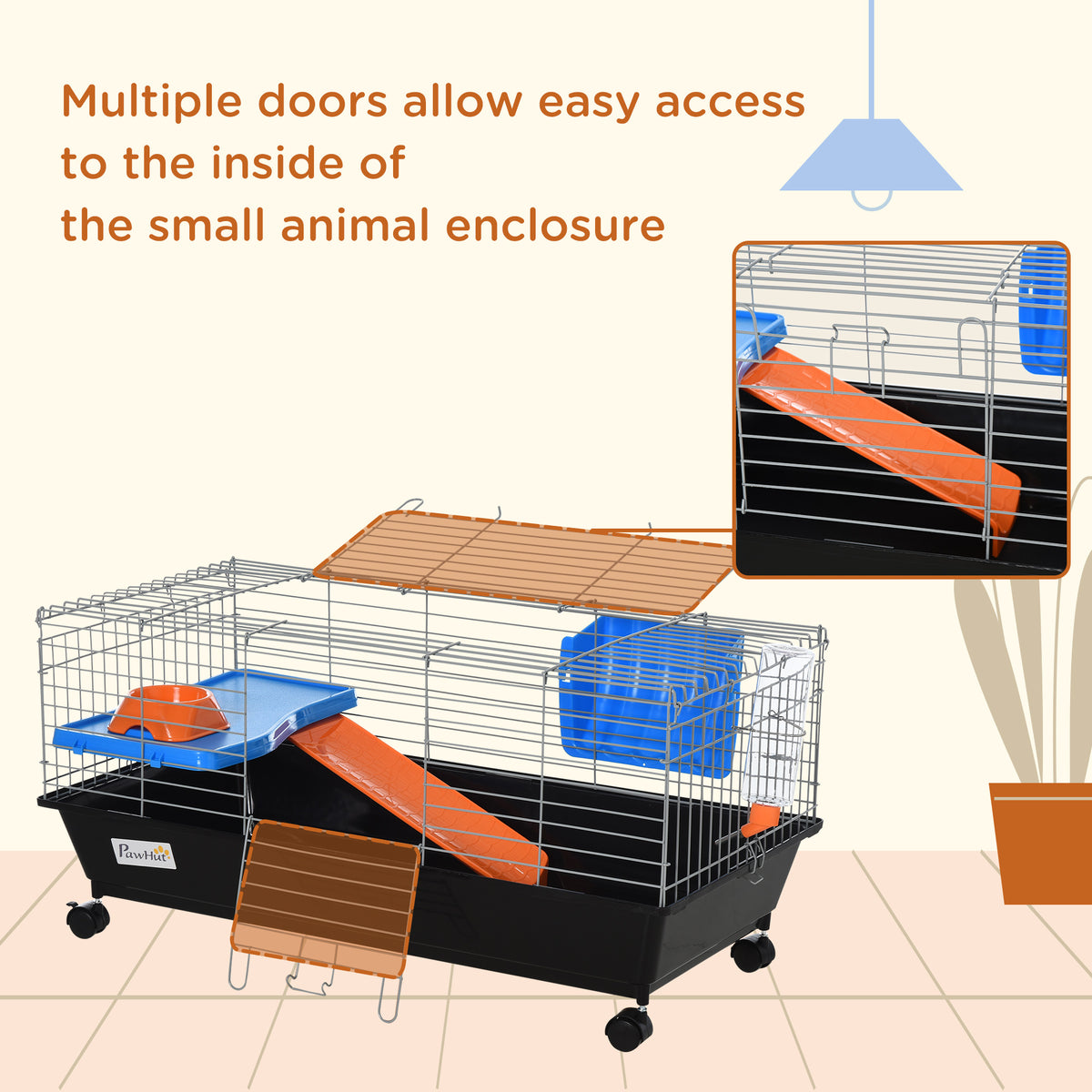 Small Animal Cage with Food Dish Water Bottle and Ramp - Black, 35 Inches