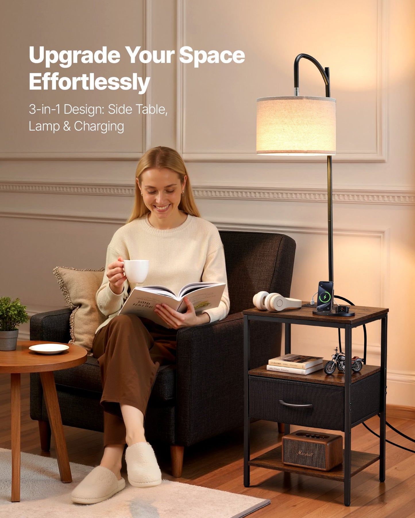 Floor Lamp with 3-Tier End Table, USB & Charging Ports, Modern Nightstand - Black