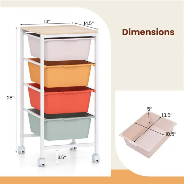 4-Drawer Rolling Storage Cart, Mobile Utility Organizer With MDF
